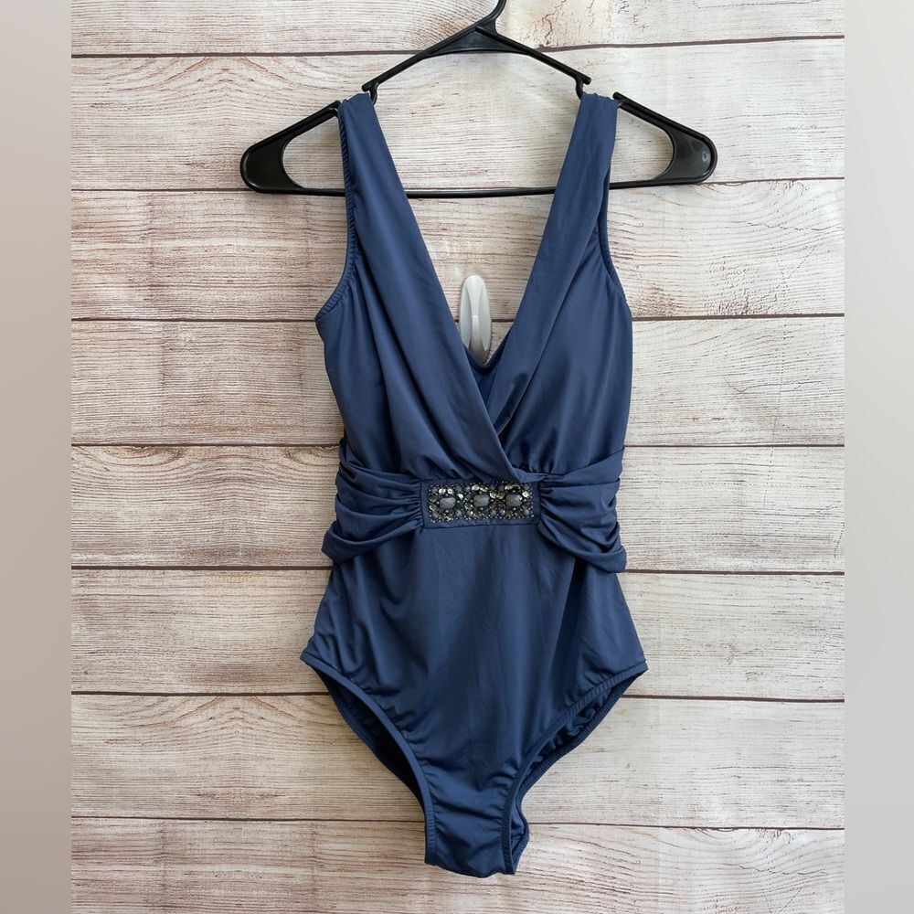 BADGLEY MISCHKA BEADED SWIMSUIT IN BLUE